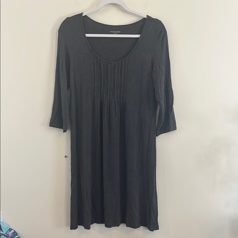 Eileen Fisher Gray Pintuck Dress 3/4sleeve Viscose Casual Office Comfy S